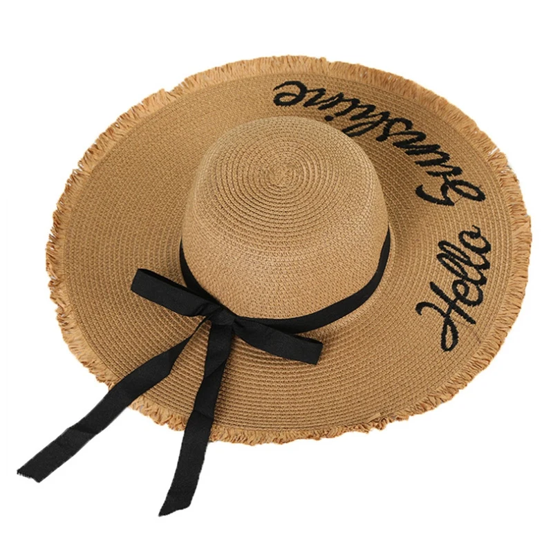 Women Big Brim Straw Hat Temperament HELLO SUNSHINE Embroidery Outdoor Summer Beach Hat Ribbon Lace Up Sun Hat Cap Accessories