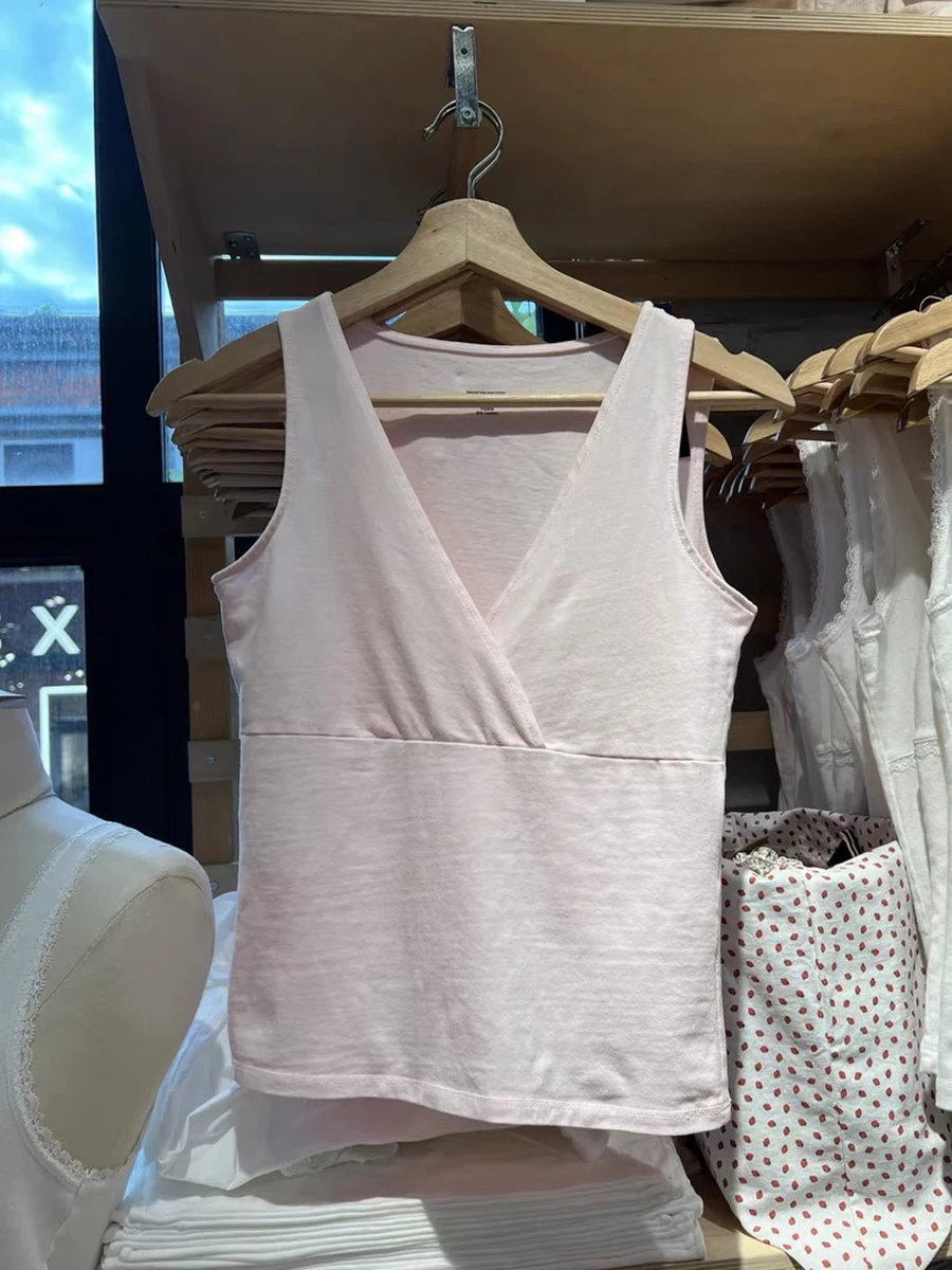 ใหม่สีชมพู V คอ Slim Tank Tops ผู้หญิงฤดูร้อนผ้าฝ้ายแขนกุดเอวสูงเสื้อกั๊กหญิงหวาน Basic Casual Crop Top Y2k Camis