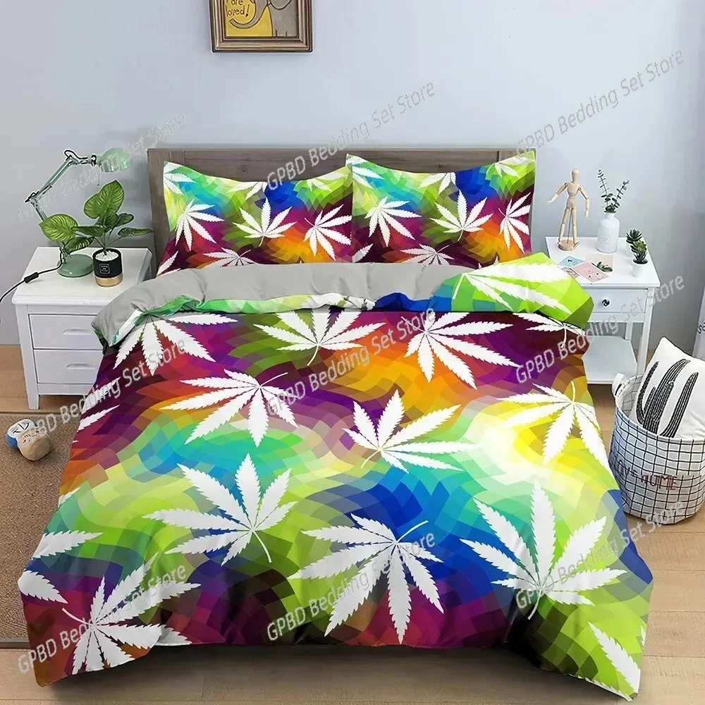 Marijuana Weed Leaf King Queen Duvet Cover Green Maple Leaves Bedding Set for Adults Palm Leaves Polyester Quilt Cover