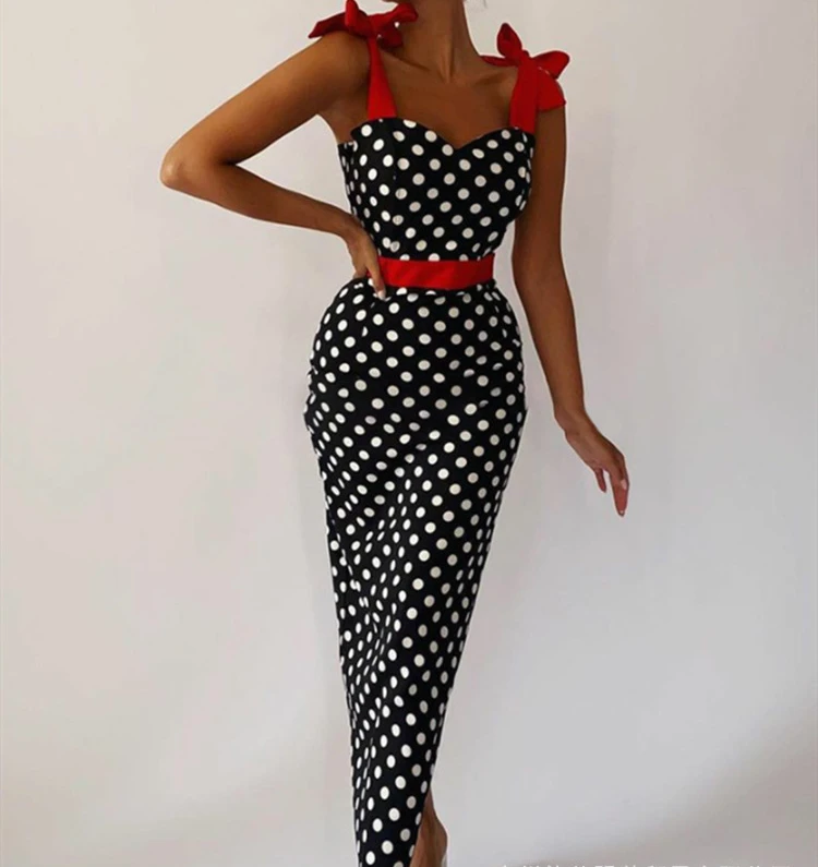 Dress for Women 2024 New Summer Casual Fashion Off The Shoulder Sleeveless Wave Dot Contrast Panel Long Dresses Female Vestidos