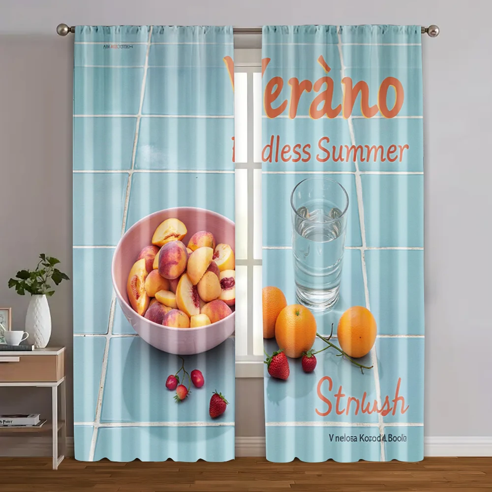 

2pcs, Print Curtains orange strawberry Machine Washable Fabric (without rod) Festive Ldeal for Bedroom, Living Room, Office, And