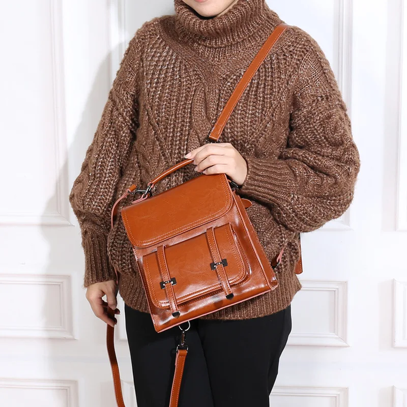 New Autumn Winter Fashionable Luggage Solid Color Leather Contrast Womens Feminine Backpack Shoulder Bag Women's Genuine Leather