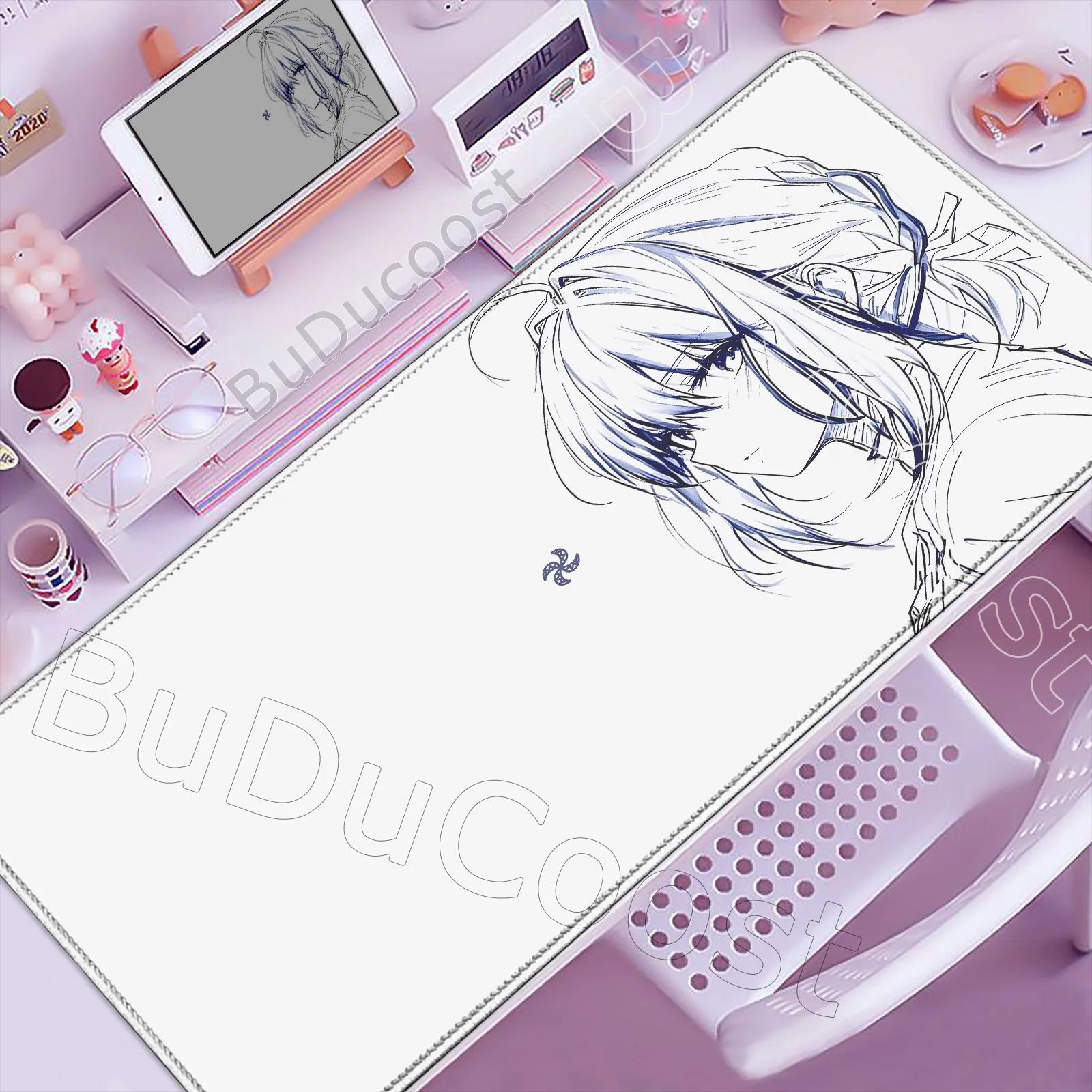 

Kawaii Black & White Anime Girl Table Mat Large Mouse Pad Office Keyboard Lock Edge Desk Mat Gamer Accessories Non-slip Mousepad