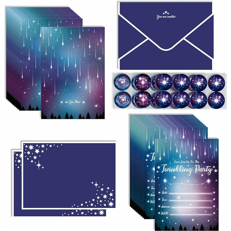 

12Sets Aurora Shooting Star Universe Outer Space Party Invitation Card with Envenopes Galaxy Stickers for Birthday Card Supplies