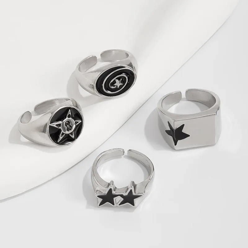 4 قطعة الشرير الأسود الخماسية نجمة خواتم واسعة للرجال النساء الهيب هوب هندسية سميكة افتتاح خواتم الاصبع مجموعات هدايا مجوهرات الحفلات #2