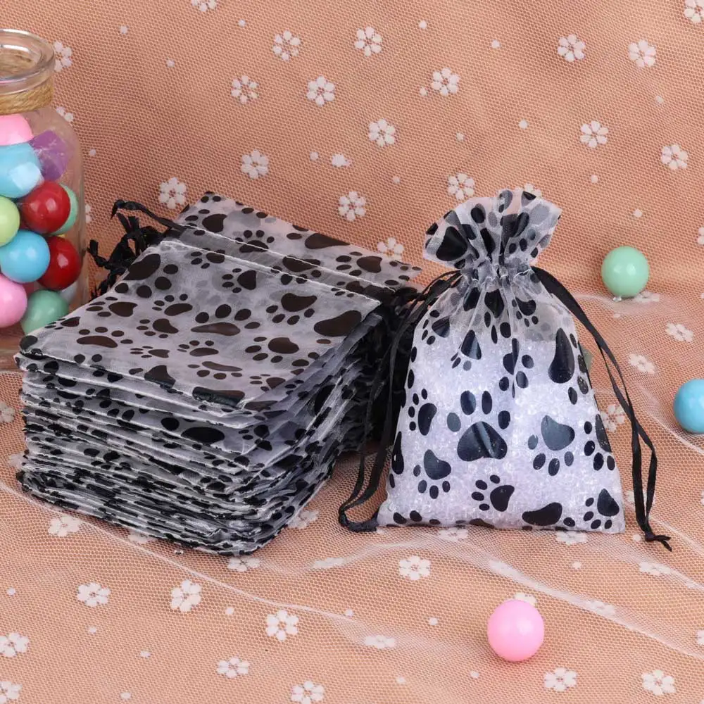 25pcs Black Cat Claw Organza Jewelry Bag Wedding Party Candy Gift Bags 9x12 10x15 13x18cm Drawstring Jewelry Packing Pouches