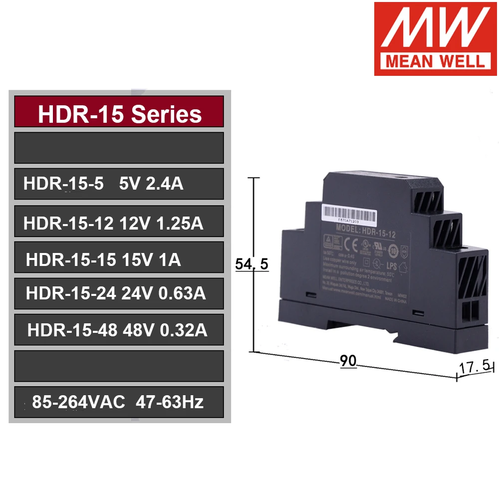 

Блок питания Meanwell HDR-15 15W 5V 12V 15V 24V 48V ультратонкий, ступенчатой формы, для монтажа на DIN-рейку HDR-15-5 HDR-15-12 HDR-15-48