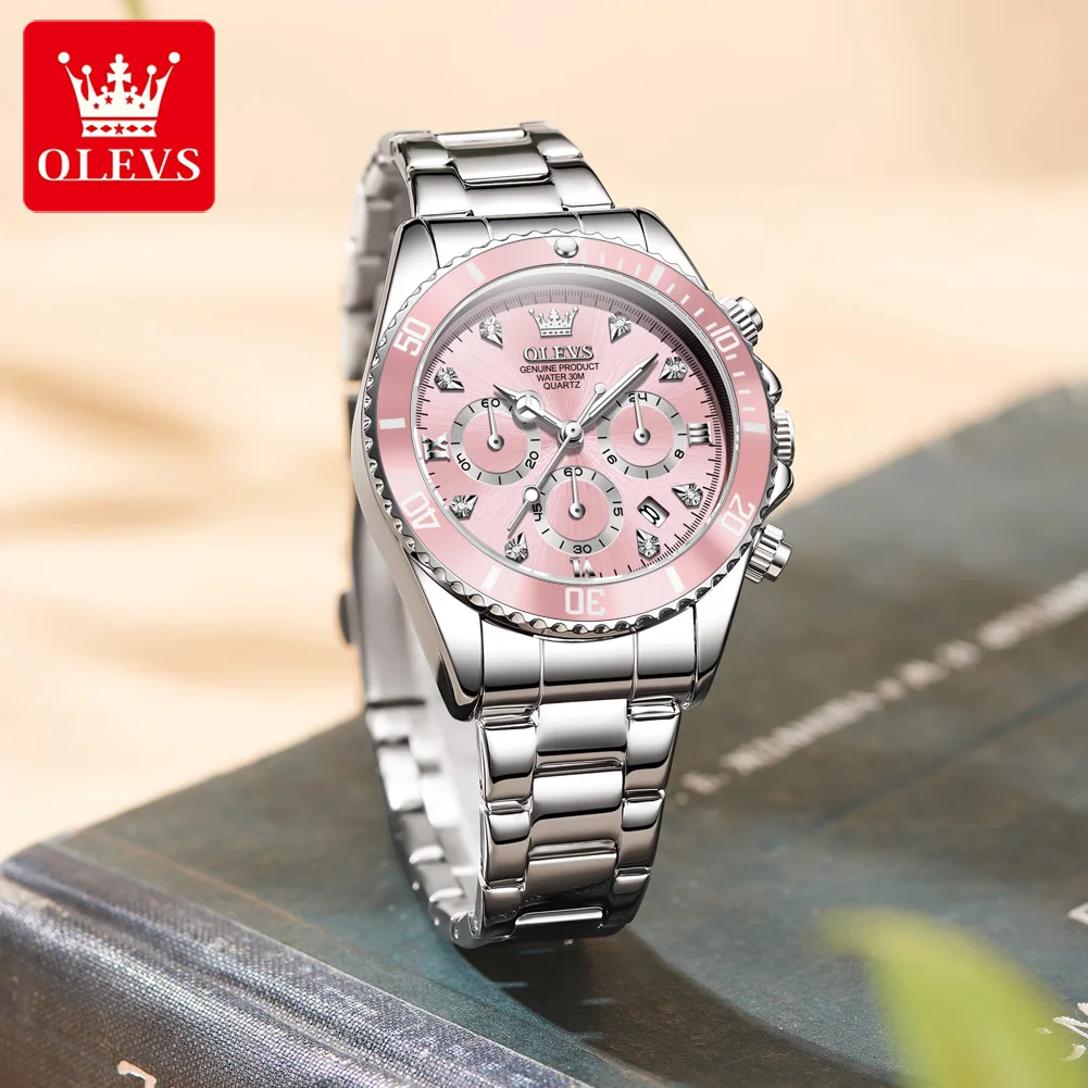 OLEVS 5632 New Original Quartz Watch for Women Classic Three Eye Dial Chronograph Waterproof Stainless Steel Ladies Wristwatches
