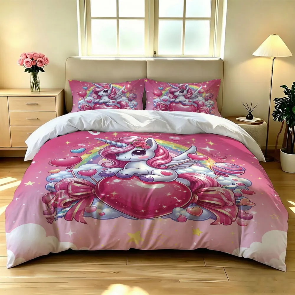 3pcs of pink unicorn heart-shaped lollipop-patterned bedding consisting which is soft suitable for home decoration