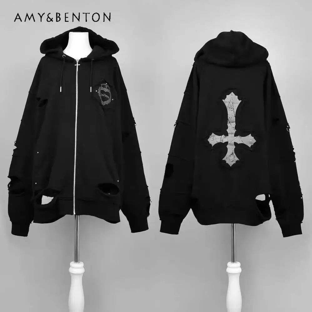 Japanese Mine Cross Embroidery Retro Subculture Ripped Hoodies Women Goth Punk Style Oversized Hoodie Sweet Cool Y2K Sweatshirt