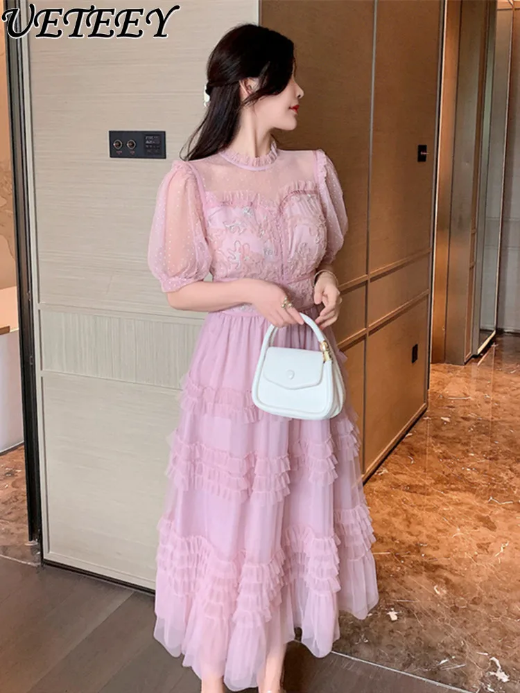 High-End Ladies Pink Long Dress Women's Luxury French Dopamine Mesh Cinched Slimming Dress Fashion Commuter Dresses Women 2024