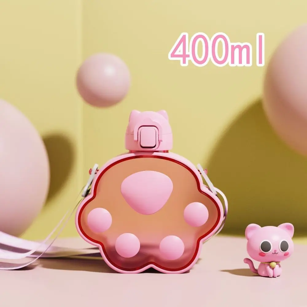 Cartoon Cat Paw Water Bottle Creative Adjustable Strap Plastic Straw Cup One Click Opening Leakproof Children's Water Bottle