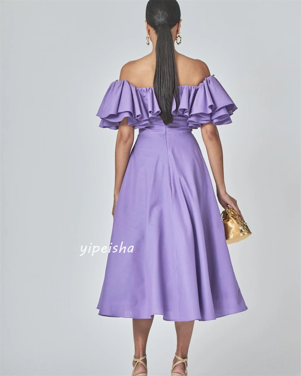 Gaun Prom malam Arab Saudi Jersey terbungkus Pleat Ruched pantai A-line Off-the-shoulder Bespoke gaun acara gaun Midi