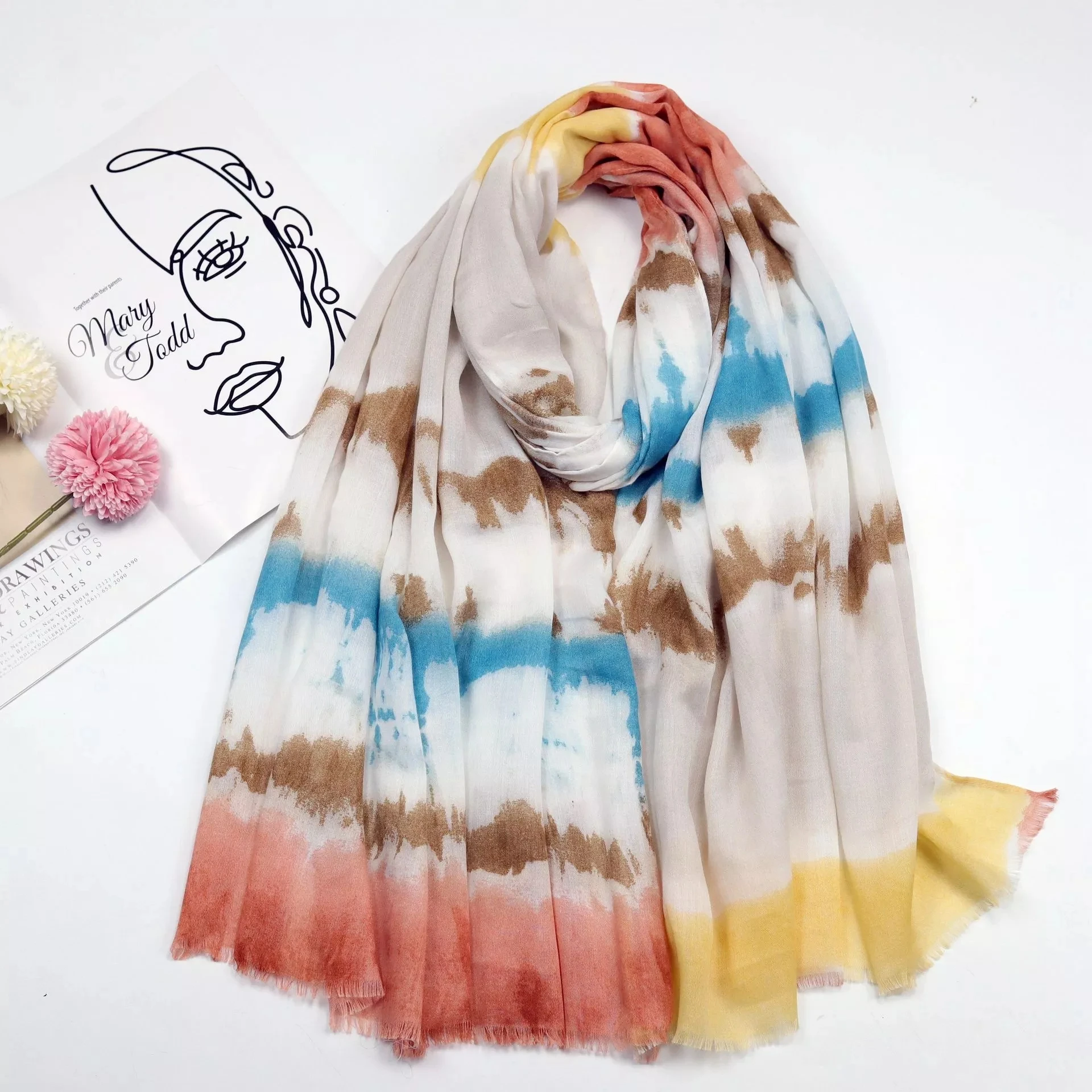 

2022 Newest Women Ombre Stripe Scarf Cotton Voile Scarf Shawls 5prints