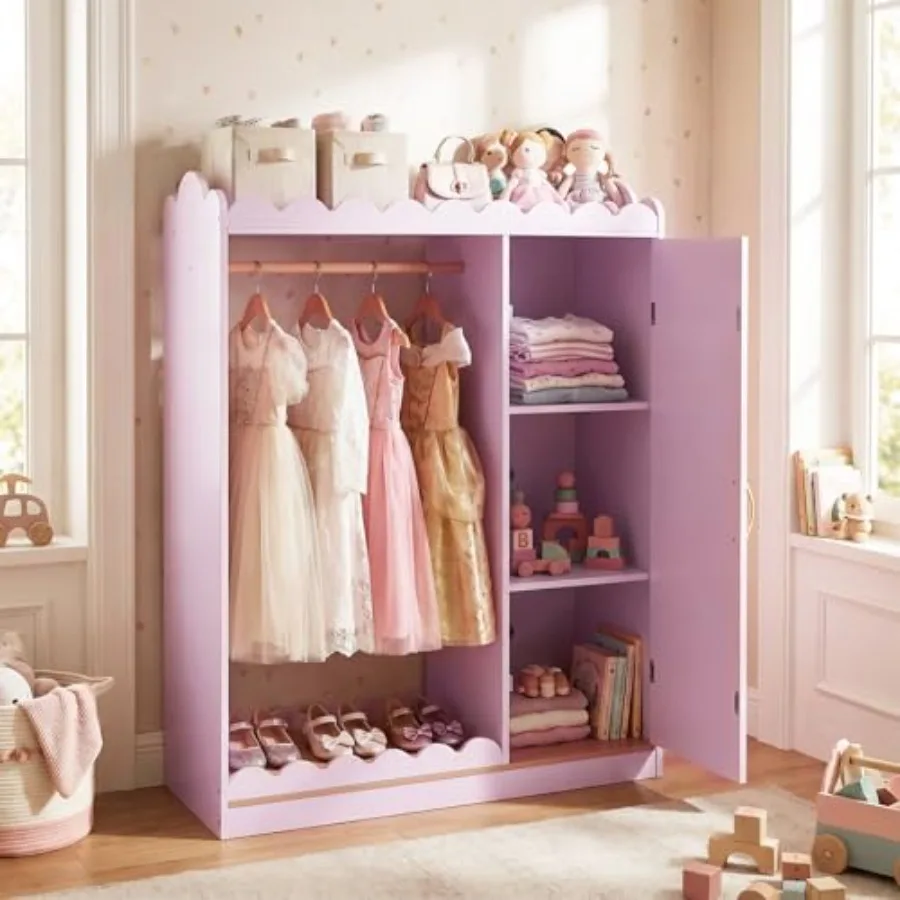 Dress Up Storage with Mirror, Toddler Wardrobe Closet with Open Hanging Rack, Cabinet Shelves, Pink Armoire Costume Organizer f