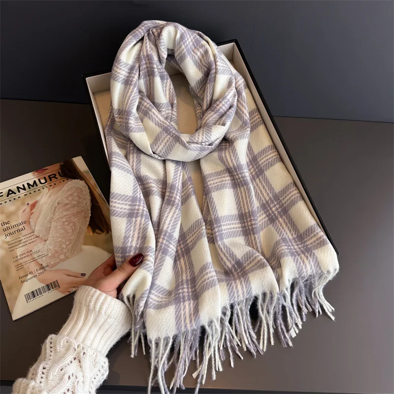 

2025 Korean plaid atmosphere and warm scarf for autumn and winter women's shawl versatile tassel imitation cashmere scarf