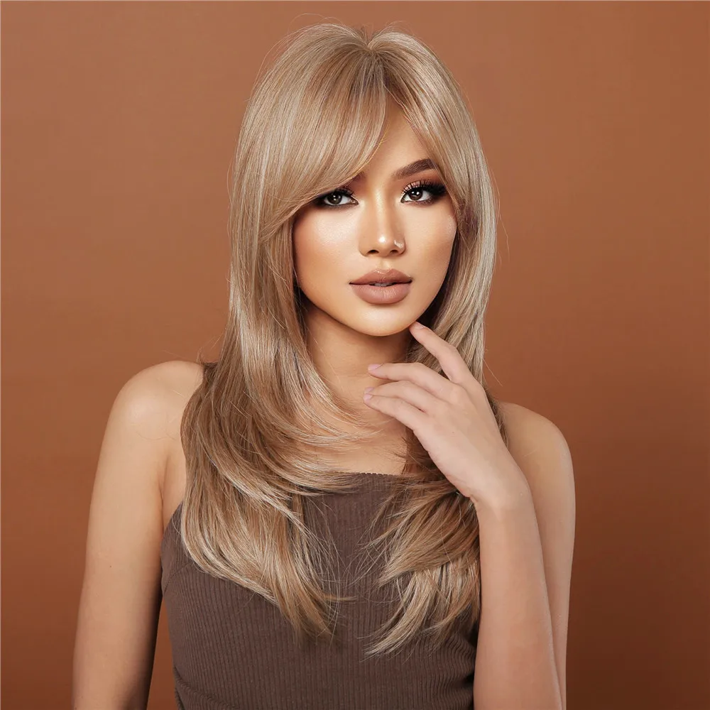 LOUIS FERRE Long Blonde Layered Synthetic Wigs With Curtain Bangs Light Blonde Straight Wig Natural Women Wavy Hair Daily Party