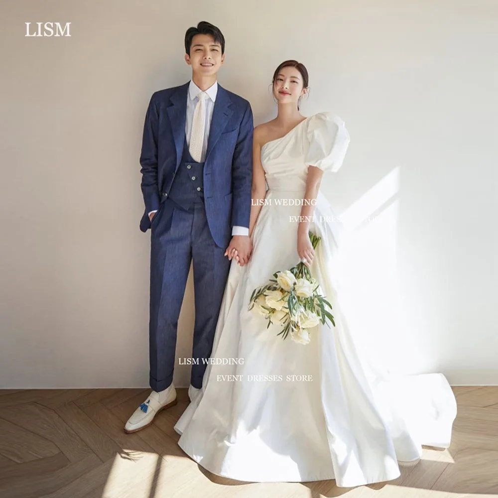 LISM-vestidos de novia elegantes de tafetán de Corea, línea A, sesión de fotos, un hombro, mangas cortas abullonadas, vestidos de novia formales plisados, evento