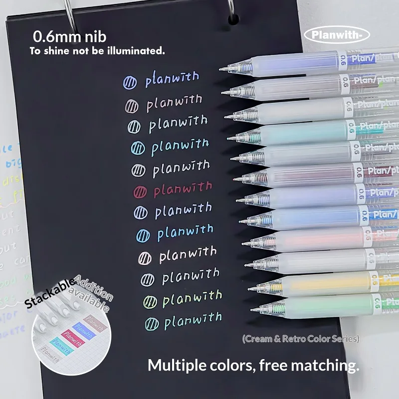 Planwith 6‑Color Retro Acrylic Retractable Gel Pens Set,0.6mm Fine Tip Smooth Writing Colorful Pens for Student DIY Painting
