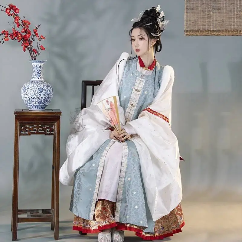 سلالة مينغ هانفو سترة طويلة حافة خام صينية تقليدية سميكة نمط داكن غزل النسيج الشتاء الذهبي الصين بي جيا