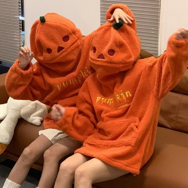 

Hoodie Women Men Unisex Hooded Sweatshirt Embroidery Thicken Streetwear 2024 Winter New Halloween Party Pumpkin Head Lamb Fleece