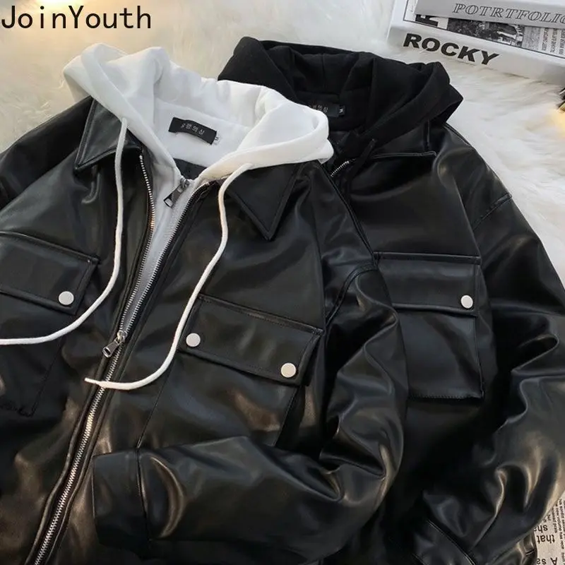 Streetwear Hooded Leather Jackets 2023 Women Clothing Patchwork Fake Two Vintage Outwear Harajuku Fashion Casual Y2k Coat Tops