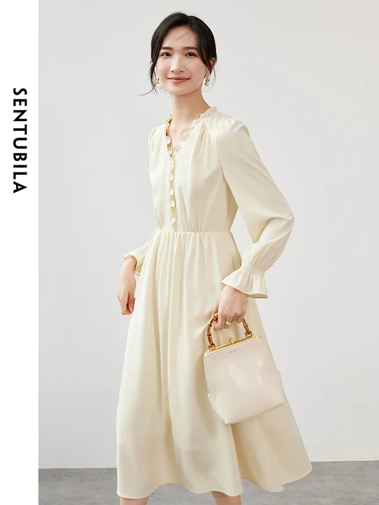 

SENTUBILA Women French Midi Dresses 2025 Spring Autumn Ruffle V Neck Puff Sleeve Defined Waist Dress Woman Clothes 143L56489