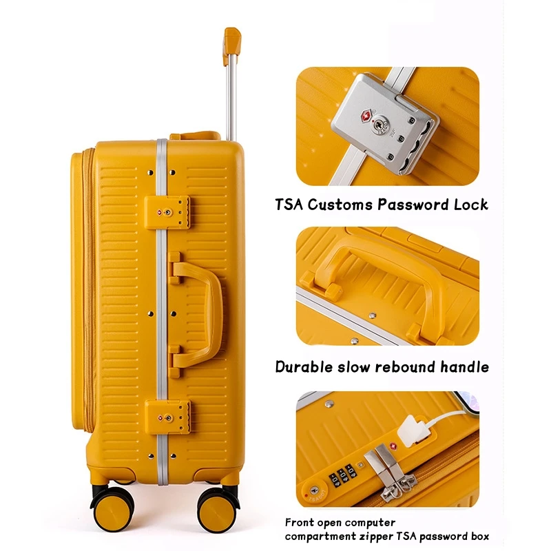 20/24 inch Travel suitcase on wheels TSA Aluminum frame Front opening rolling luggage case USB middle size luggage with Wheels