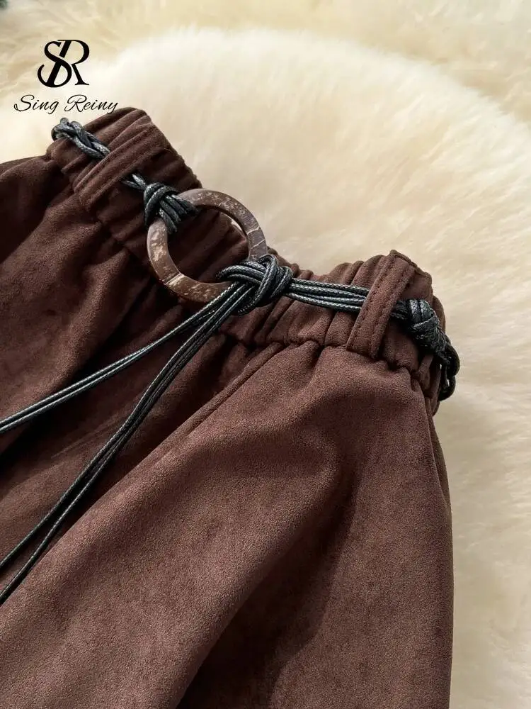 Falso camurça boêmio saia vintage outono cintura elástica faixas soltas sólidas mulheres bainha irregular moda saia longa