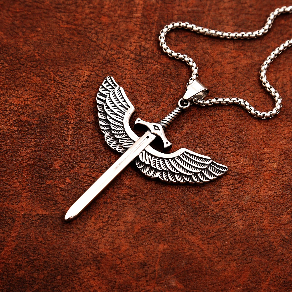 Classic Angel Wings Sword Pendant Necklac Vintage Stainless Steel Holy Sword Cross Necklaces for Men Women Fashion Punk Jewelry