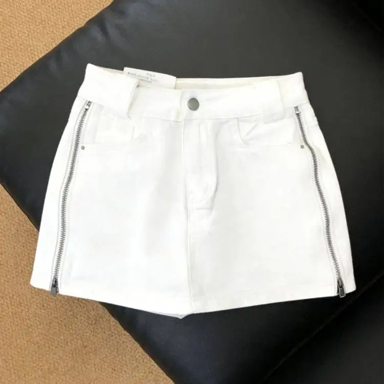 Fashionable Cool Sweet White Denim A-Line  Skirt Women's Double Zipper Design Short Pants High Waist Cotton H-Shape Skirt