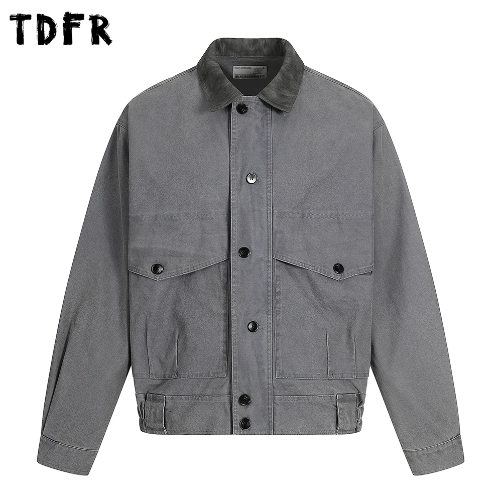 

Retro Spliced Cargo Jacket Mens Big Pocket Autumn Casual Lapel Single Breasted Long Sleeve Outerwear Man