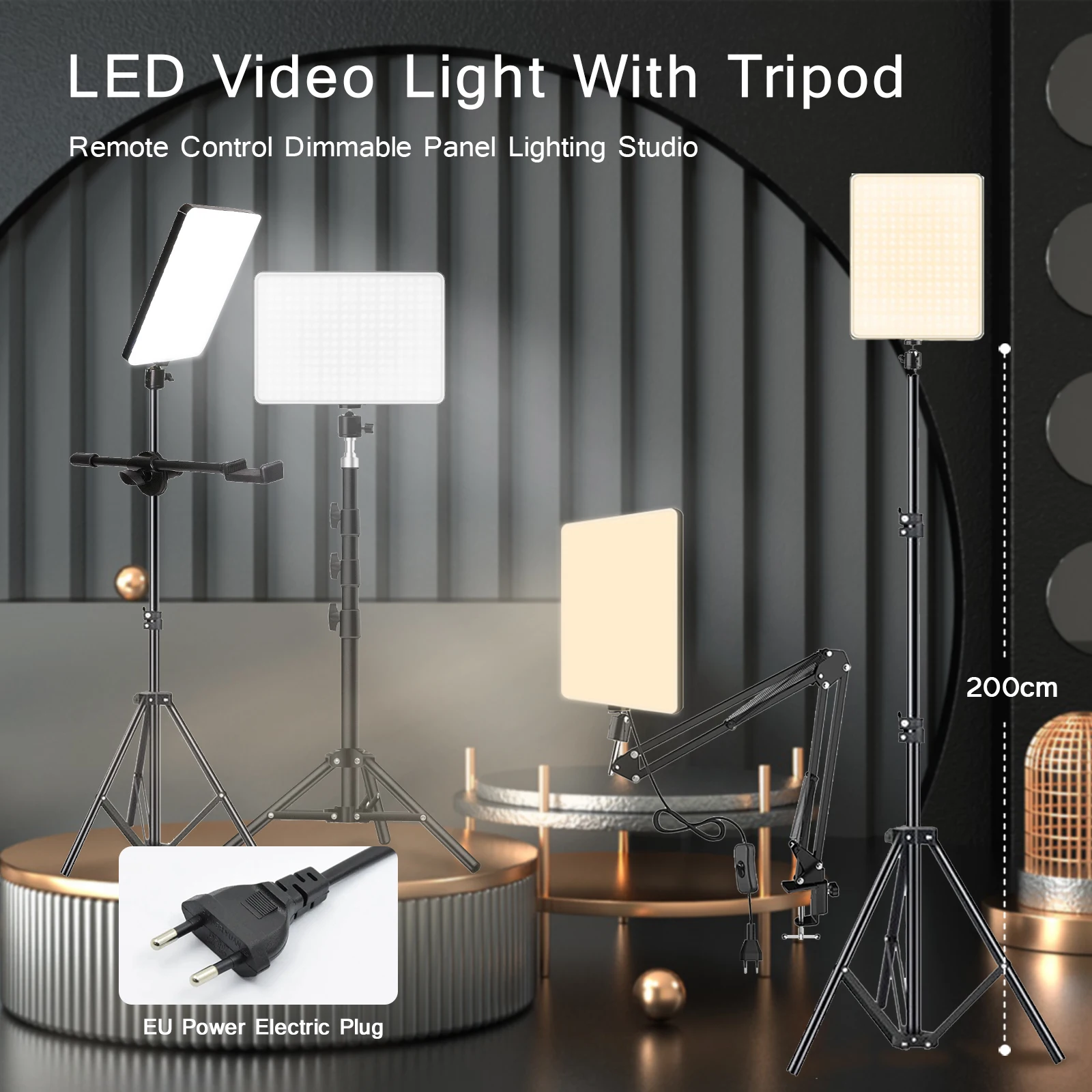 Photo Studio LED 2700k-5700k Video Fill Lamp Light Panel Photography Lighting With Tripod Stand Long Arm EU Plug For Live Stream