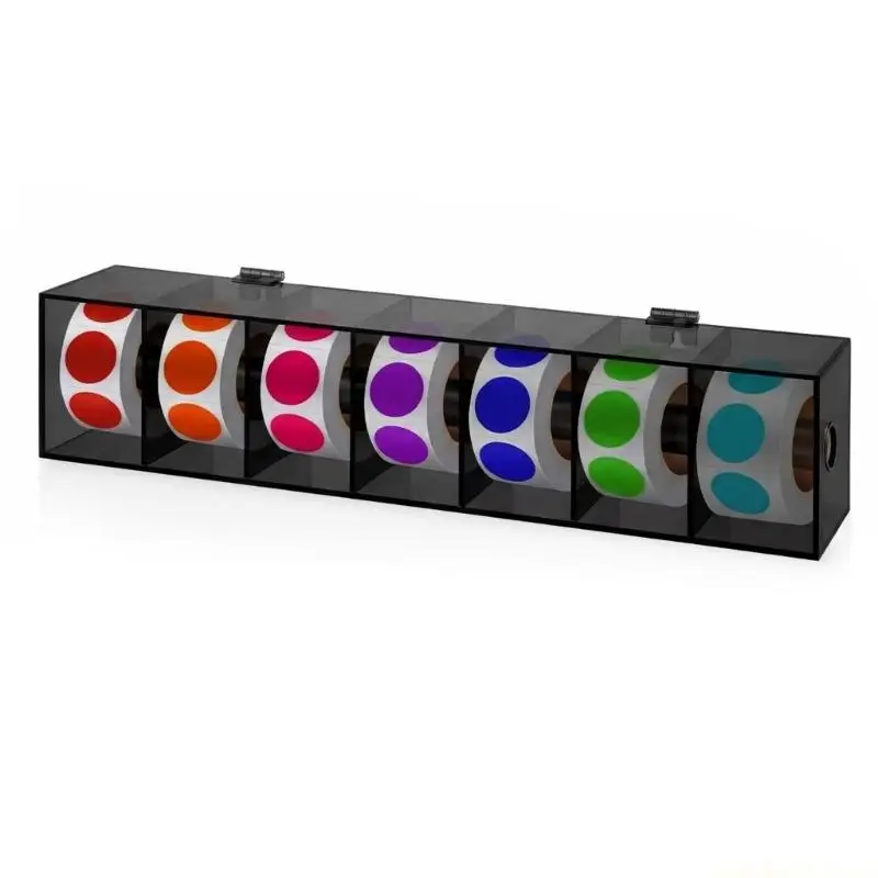 7 Slot Label Roll Storage Box in Acrylic, Black Dispenser for Sticker Roll Access, Office Label Stations, Retail Desks, and
