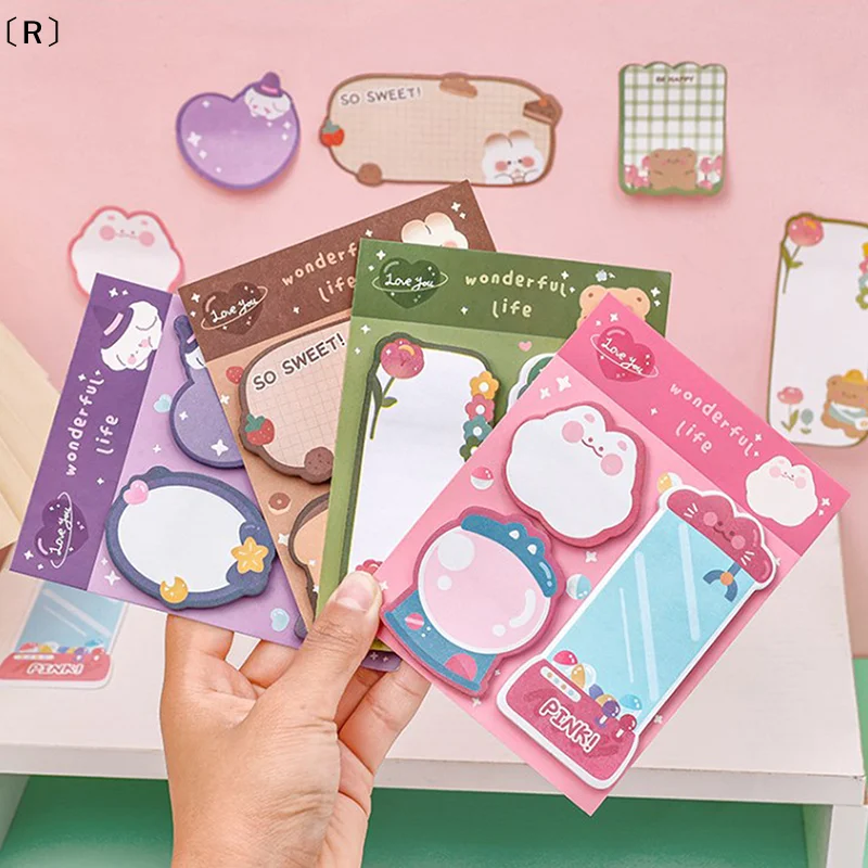 〔R〕Kawaii Cartoon Strawberry Rabbit Bear Sticky Notes Memo Pad Cute Message Sticky Office Stationery Journal Planner Supply