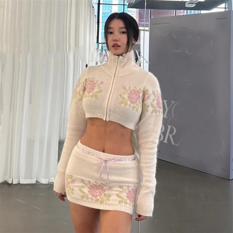 Two Piece Knit Set Women Floral Print Tracksuits Sexy Long Sleeve Zip Cardigan Crop Top+High Waist Mini Skirt 2023 Fall Winter