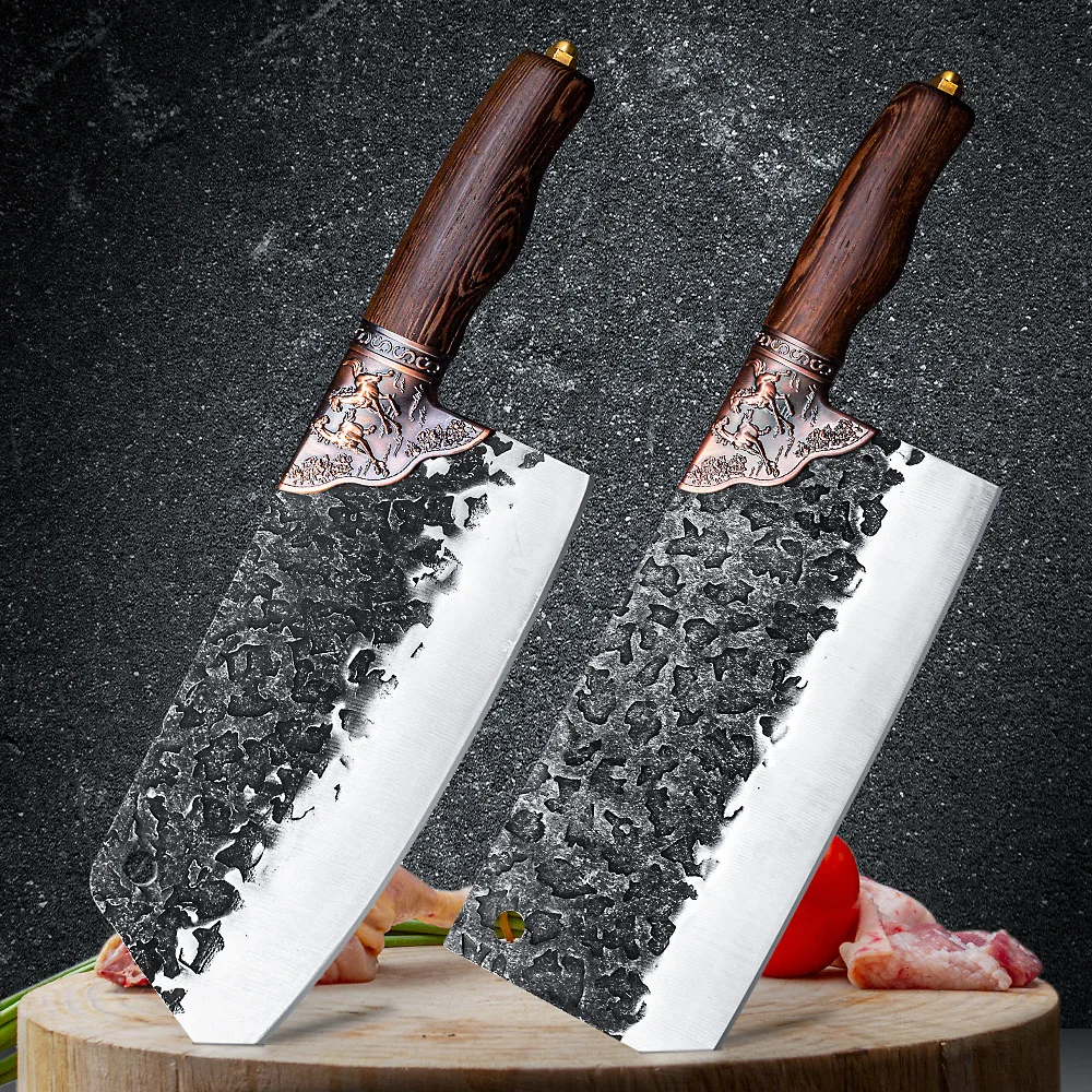 

Traditional Handmade Forged Kitchen Knife Hammer Stainless Steel Chef's Chopper Cooking Knives Meat Slicer Butcher & Gift Case