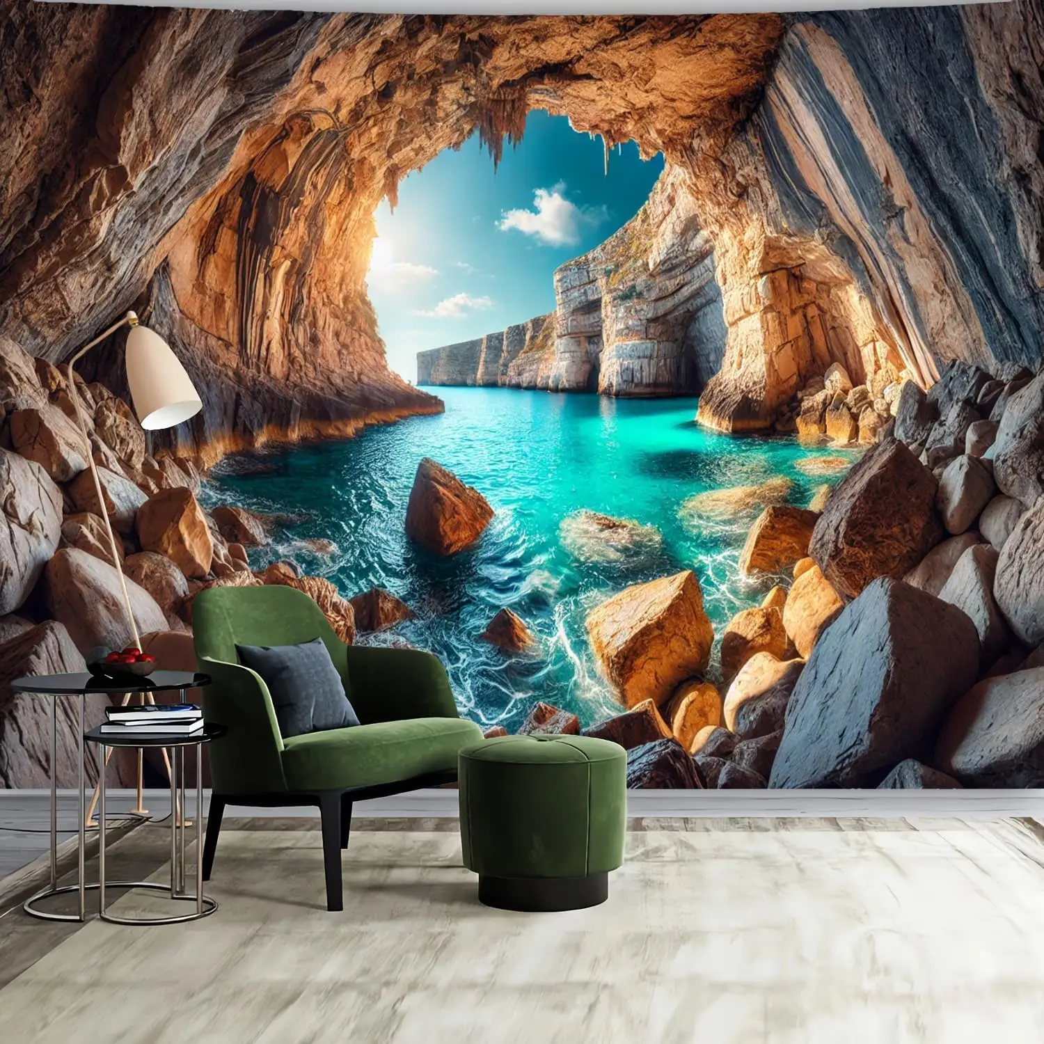Sea Cave Tapestry Blue Ocean Sea Scenic Wall Hanging Nature Stone Landscape Beach Island Large Wall Blanket for Bedroom Living