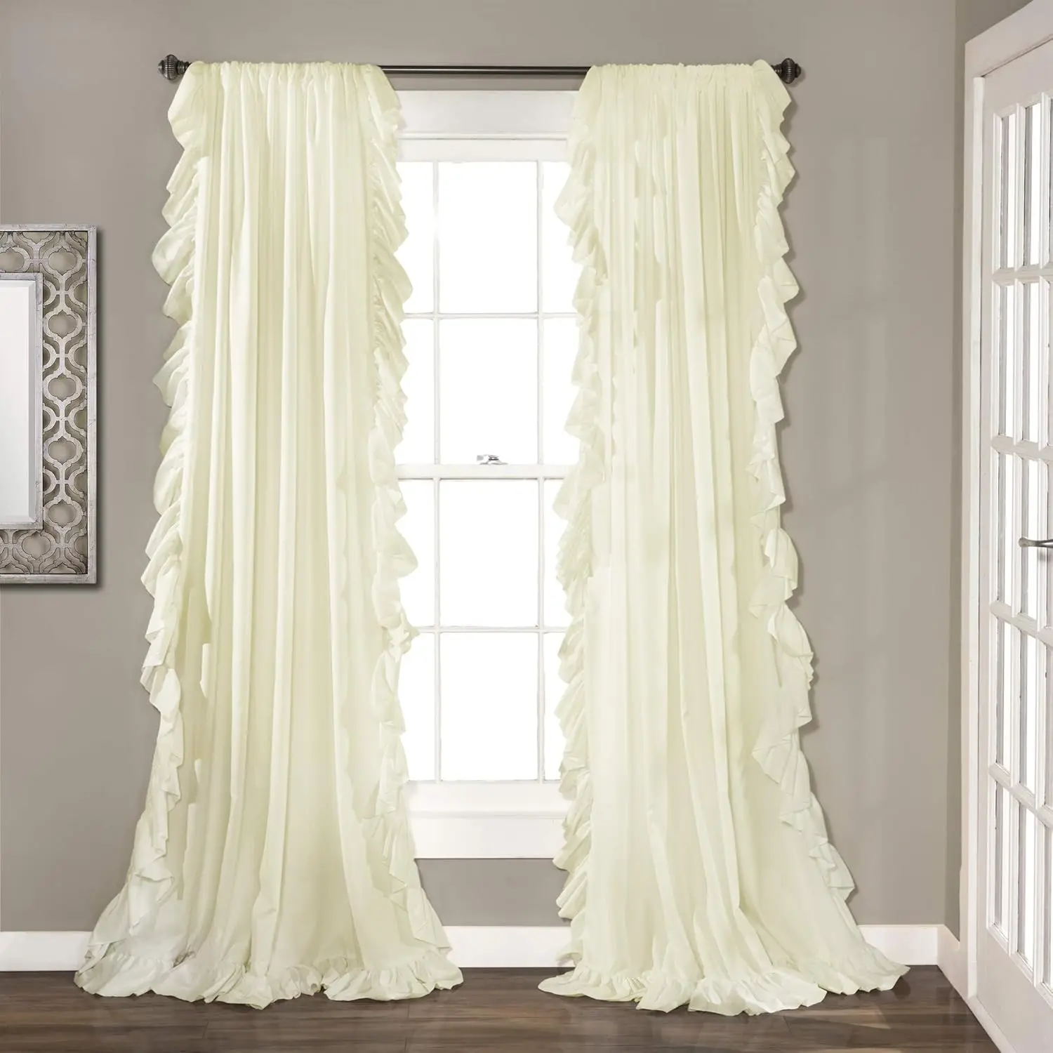 

54x84 Inch Ruffle Curtain Panel Set, Ivory, Light Filtering, 2 Panels