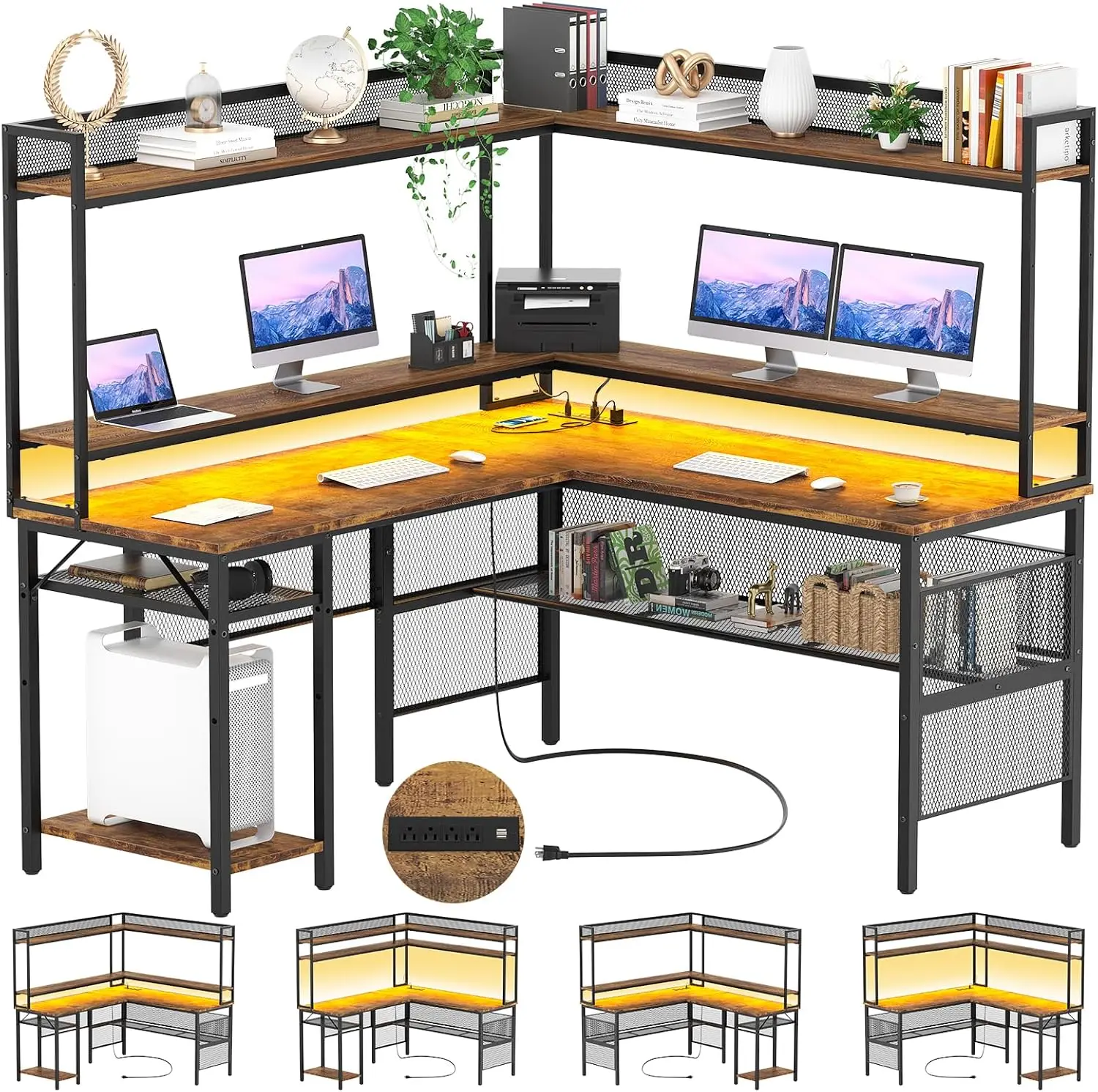 Unikito L Shaped Desk With Power Outlet, Reversible L-Shaped Corner Computer Desk With Storage Shelves & Monitor Stand, Gaming