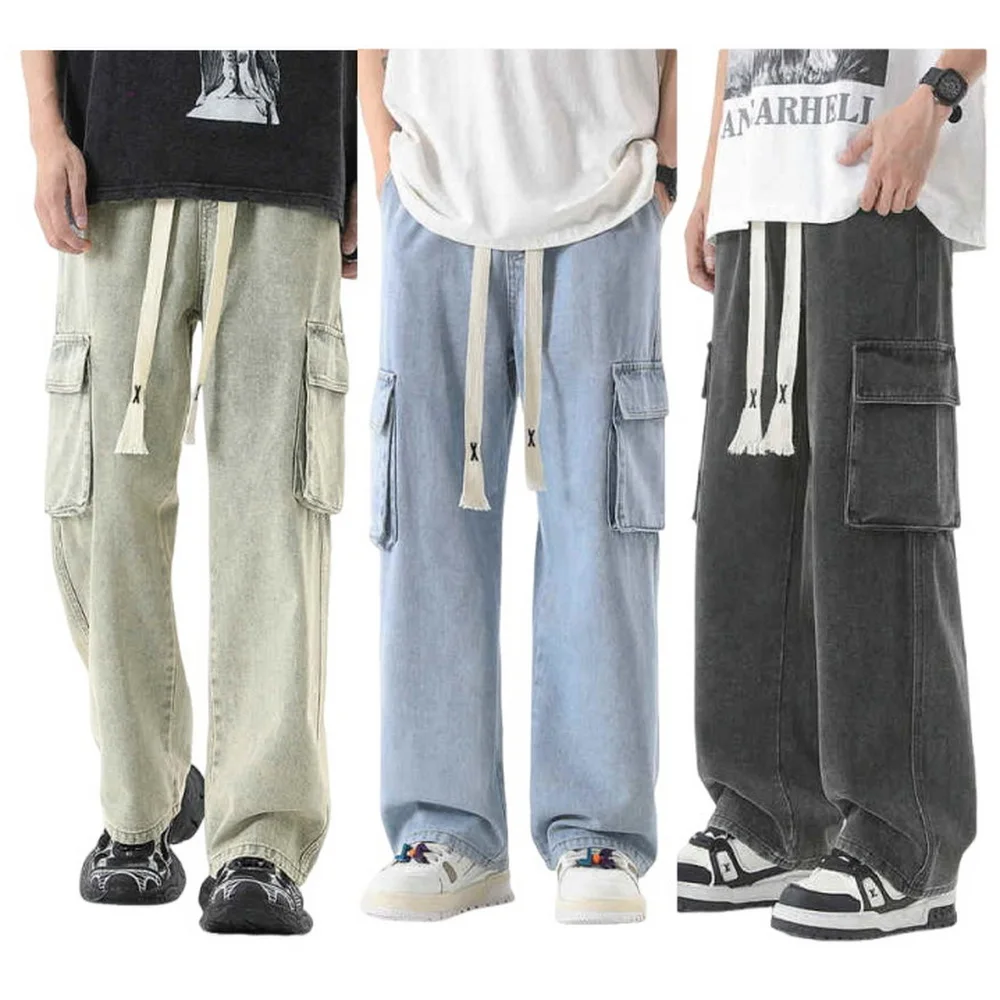 

Spring Summer Multi Pocket Cargo Pants Outdoors Streetwear Jeans Unisex Loose Drawstring Floor Cowboy Pants