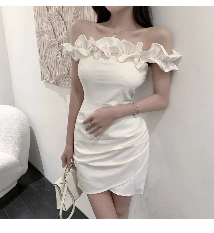 Lingzhi Wu-Strapless Formal Dresses for Ladies, Fungus Hem, Slash Neck, White, Elegant, French Design, New Arrival, Summer