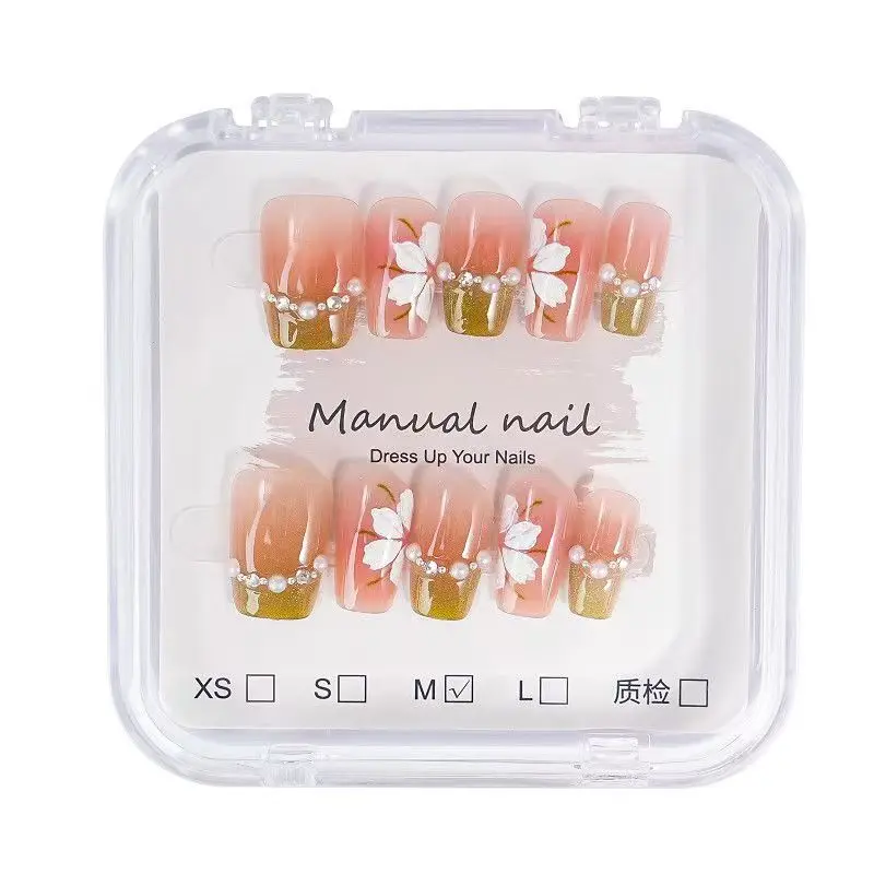 

10pcs Handmade Press On Nails Pearl Rhinestone White Flower Designs False Nails Green Cat Eye Sweet Short Square Fake Nail Tips
