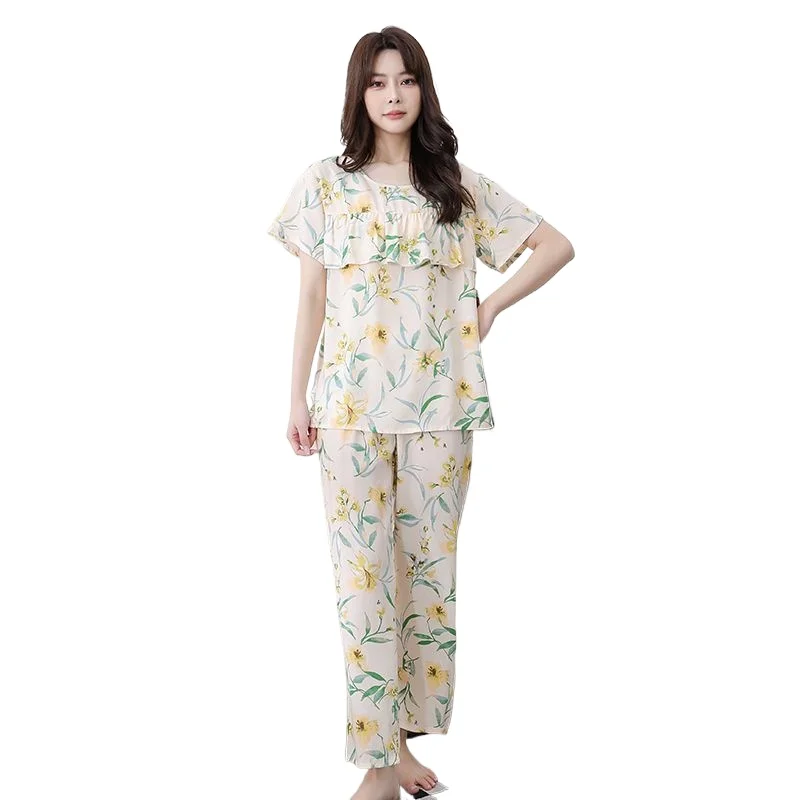 Floral Short-sleeved Nine-point Pants Artificial Cotton Loungewear Chest Pad-free Anti-convex Can Be Worn Outside Pajamas Set