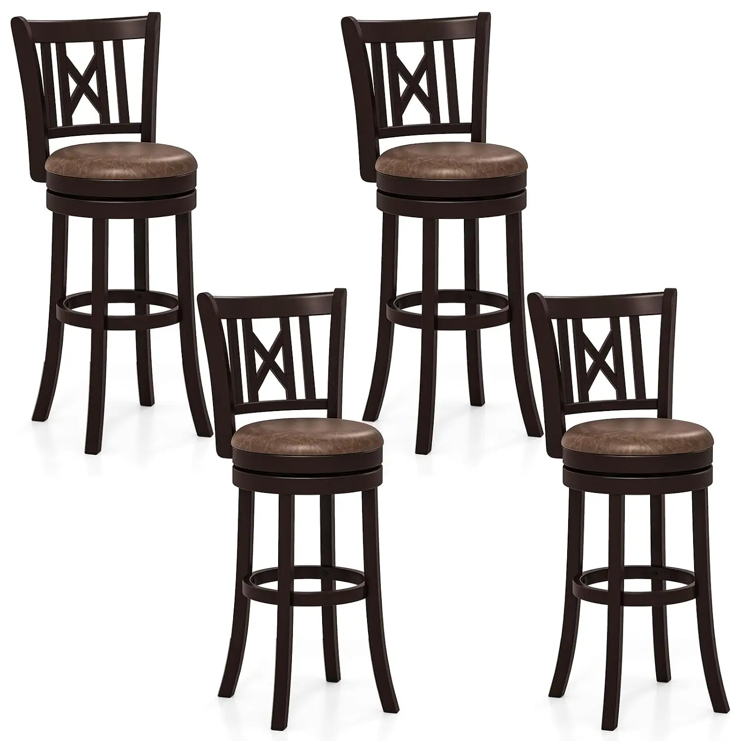 Bar Stools Set of 4, 30” Swivel Bar Chairs with Footrest, Rubber Wood Frame & Hollowed Backrest, Leathaire Bar, Customized