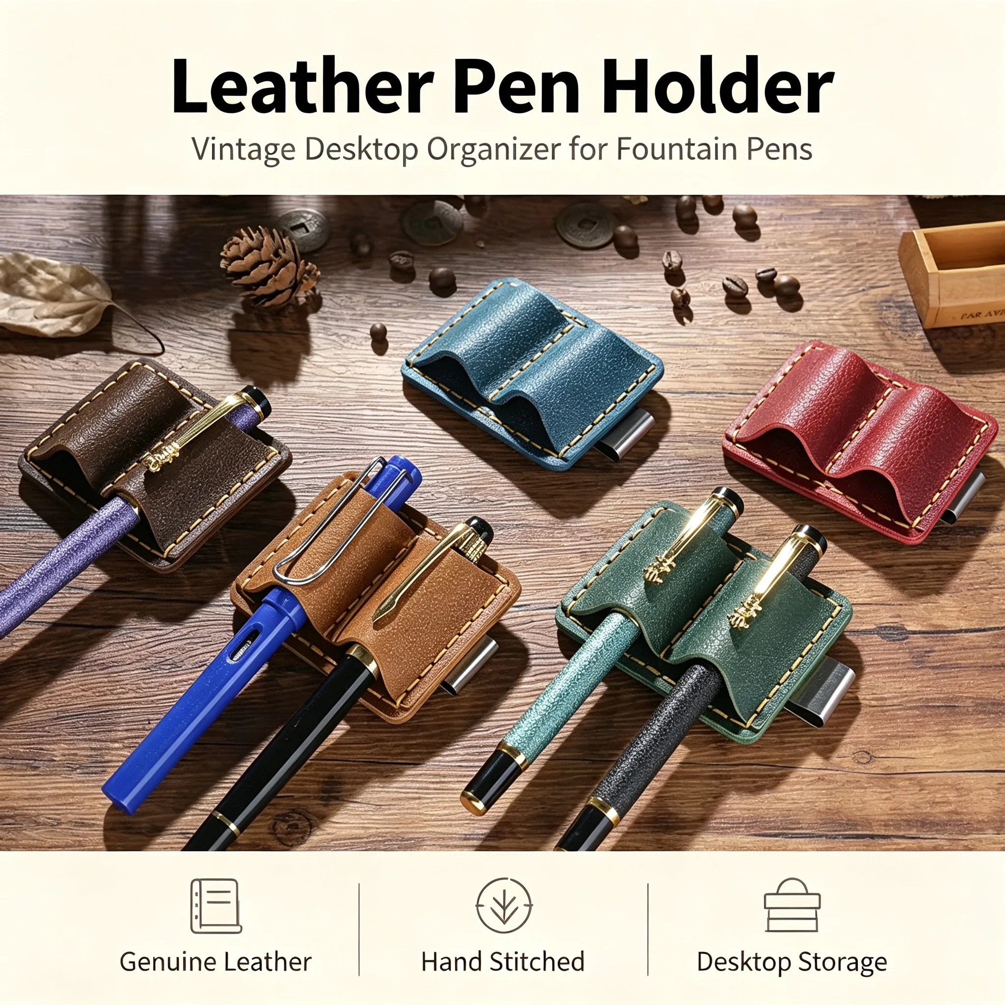 Fromthenon Vintage Top Layer Cowhide Double Pen Holder Handmade Crazy Horse Leather Traveler Notebook Pen Holder Stainless