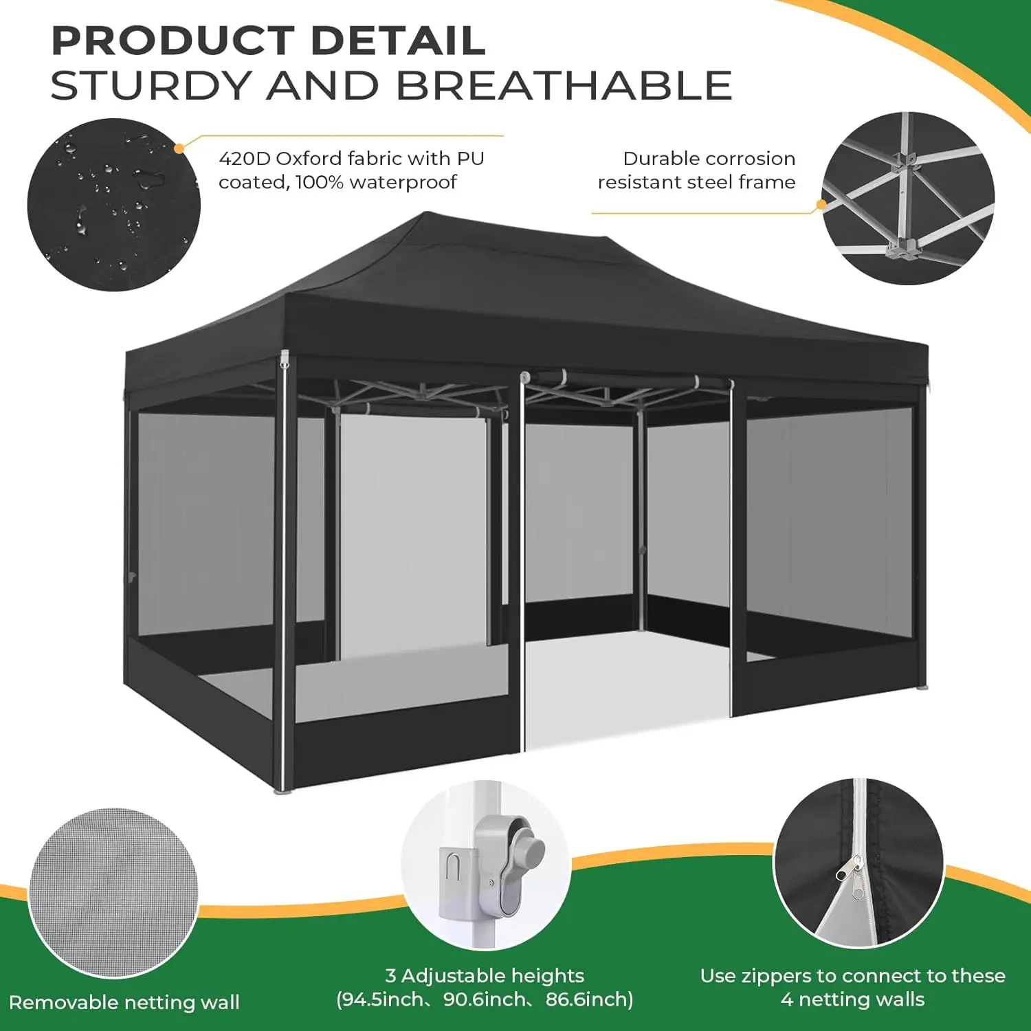 Outdoor Backyard, Patio, Garden Party Pop Up Canopy with 4 Sidewalls and Mosquito Netting Wall, Heavy Duty, Easy Set Up, Black
