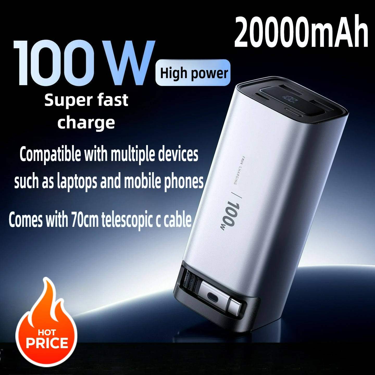 20000mAh 100W Fast Charging Power Bank with Built in Cable High Capacity Portable Charger