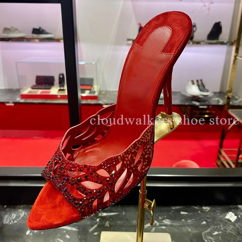 

Sparkling Hotfix Rhinestones Hollow Tailoring Design Fashion Slippers Suede Splicing Leather Sexy Pointed Toe Stiletto Slippers