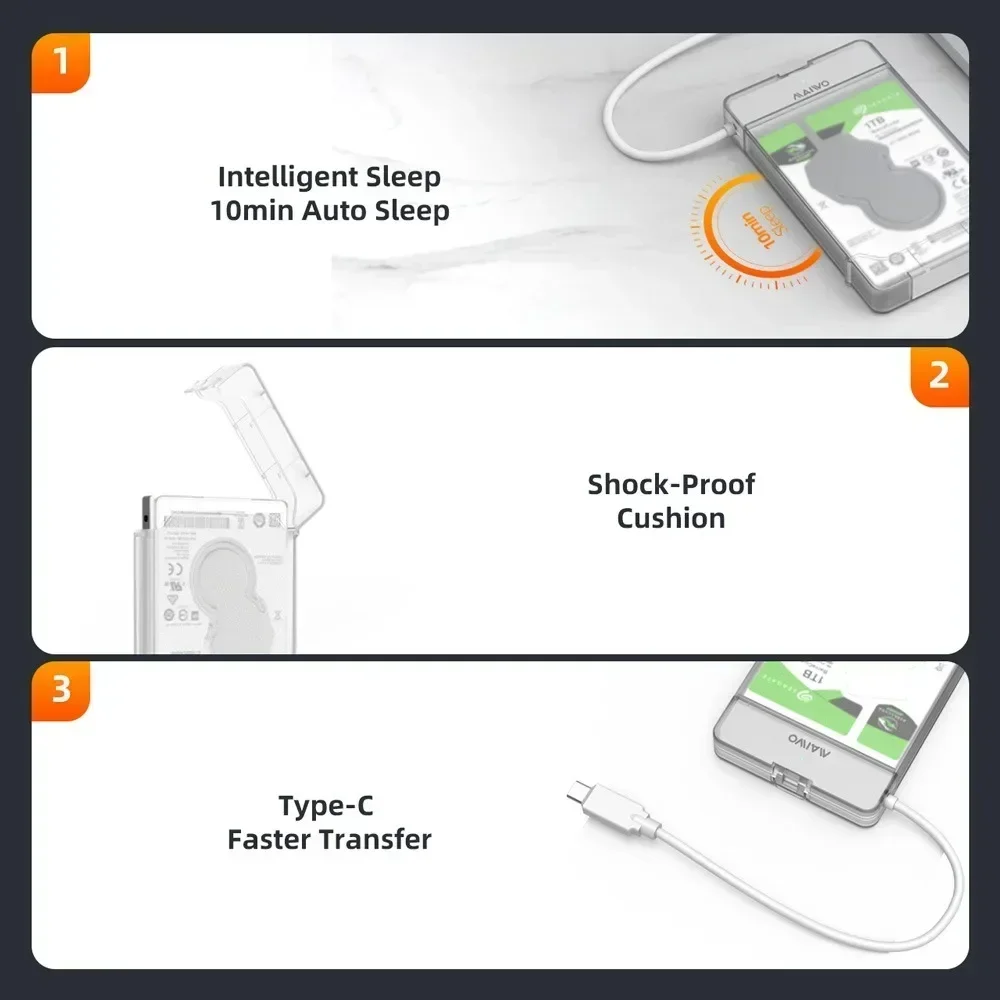 MAIWO Type-C USB3.0 2.5인치 HDD 케이스 외장 하드 드라이브 인클로저 5Gbps HDD SATA SSD 하드 드라이브 인클로저 PC용 UASP 지원